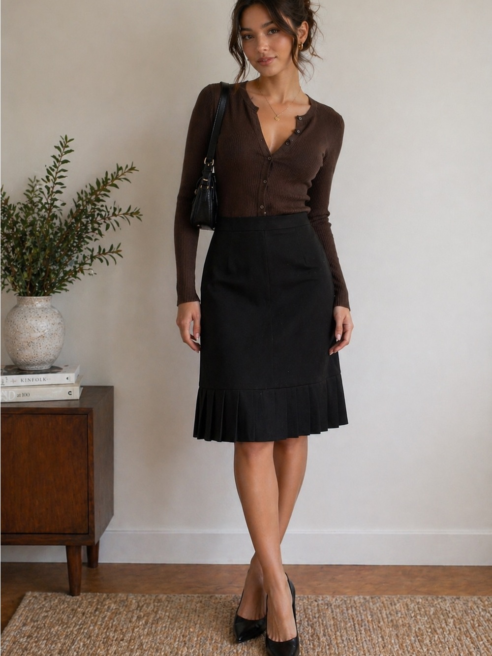 Jones Wear Black Wool Blend Midi Skirt Pleated Hem Workwear Petite 8P